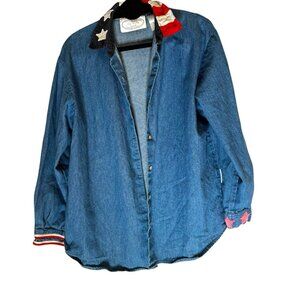Vintage 90s Stars & Stripes Denim Shirt Patriotic Flag‎ Collar USA Men's L